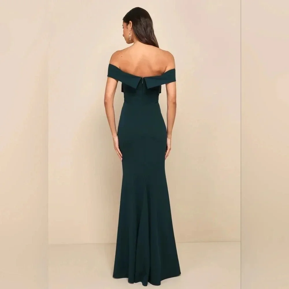 Lulus Elegant Perception Hunter Green Off-the-Shoulder Bow Maxi S Dress Party